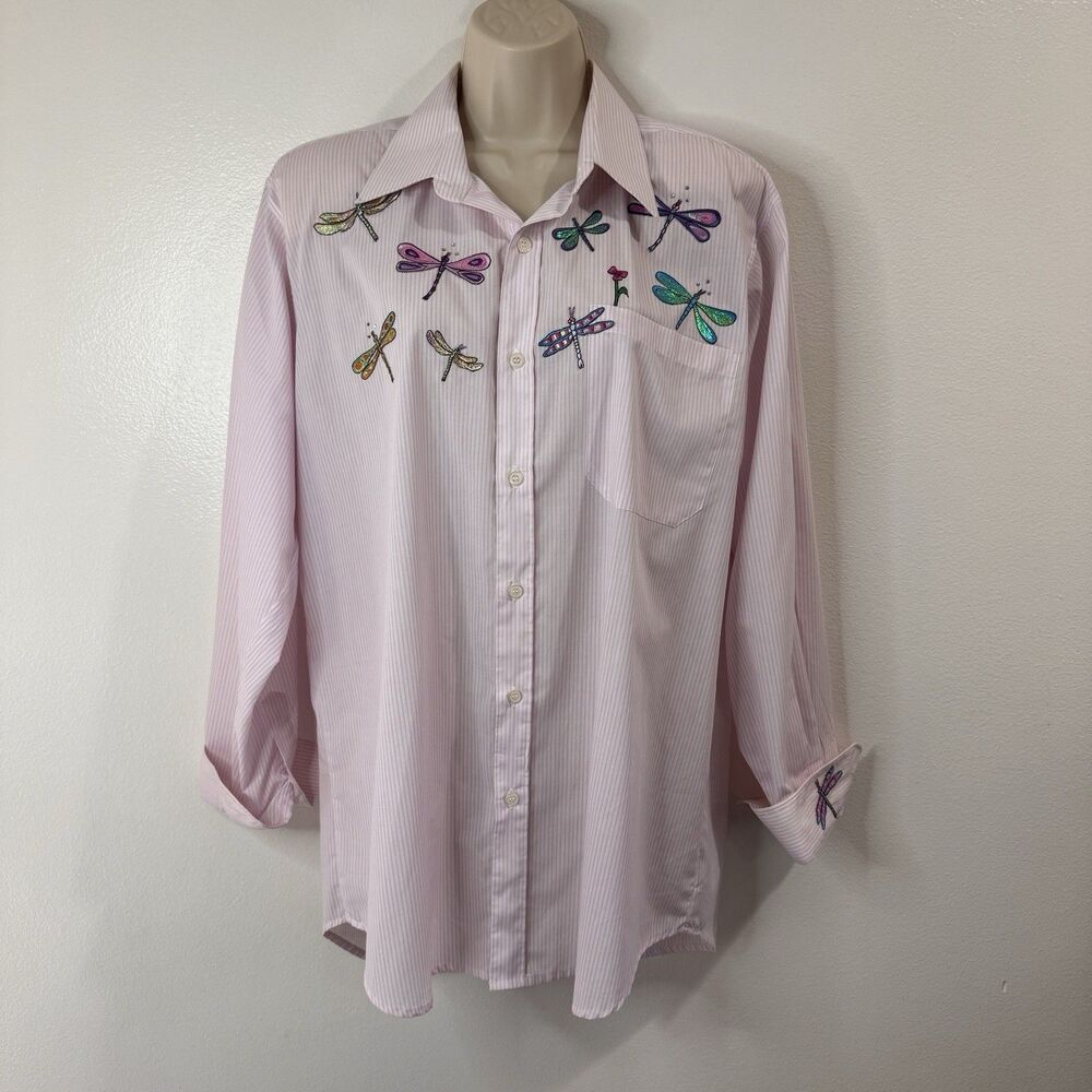 Vintage 80s 90s Tia Button Front Shirt M Dragonfly Gem Pink White Stripe Comfy